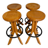 Set of 4 solid elm bar stools, vintage 70s design