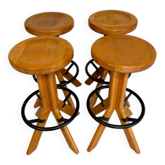 Set of 4 solid elm bar stools, vintage 70s design