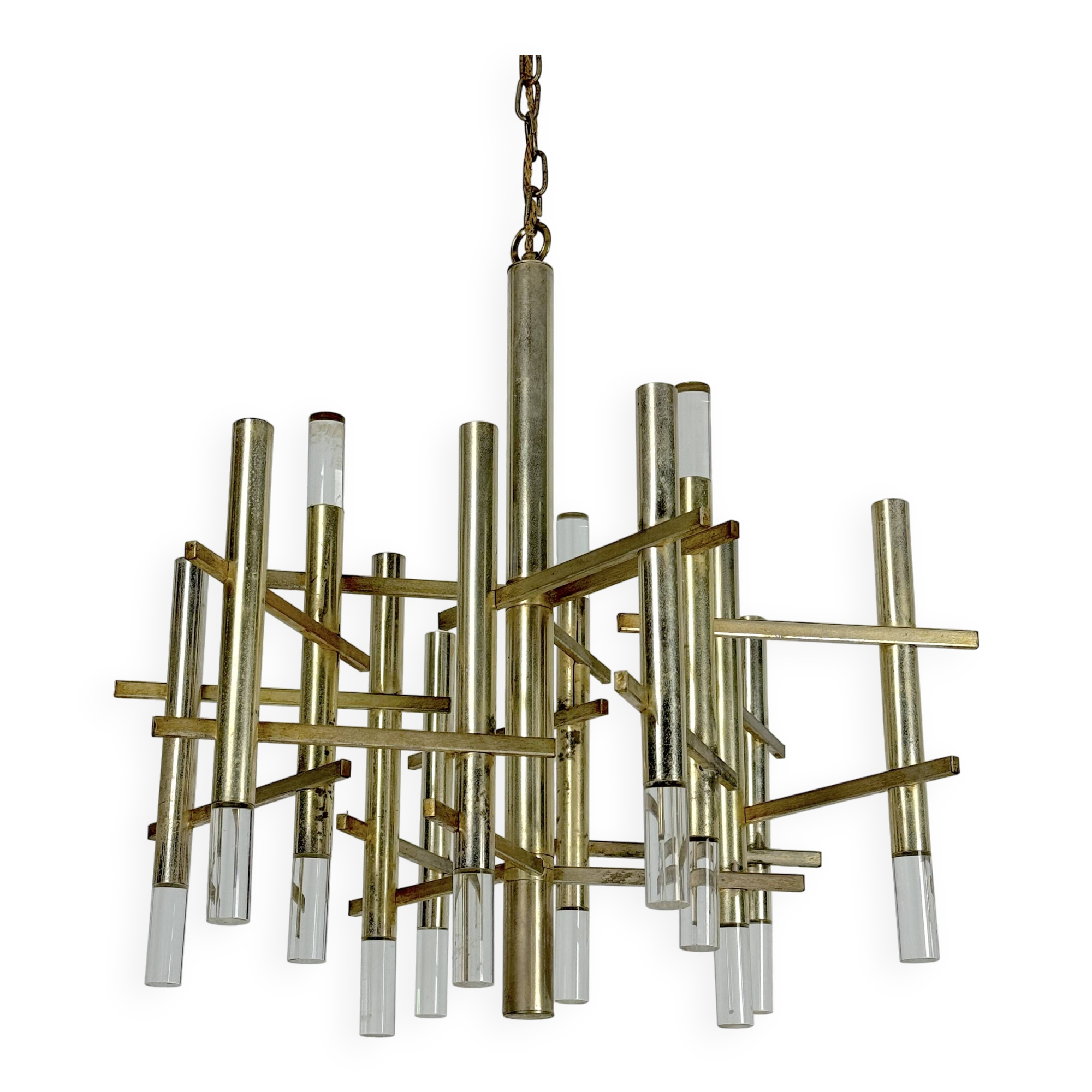 Sciolari 9 lights slight gilded chrome and perspex Chandelier model Ice, Italy 60s