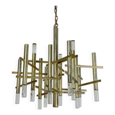 Lustre Sciolari 9 lumières en chrome légèrement doré et perspex modèle Ice, Italie années 60
