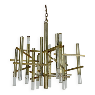 Lustre Sciolari 9 lumières en chrome légèrement doré et perspex modèle Ice, Italie années 60