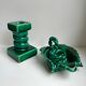 Duo de bougeoirs en céramique barbotine verts années 50