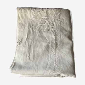 Linen tablecloth .embroidered .monogram T P . 296 cm x 170 cm