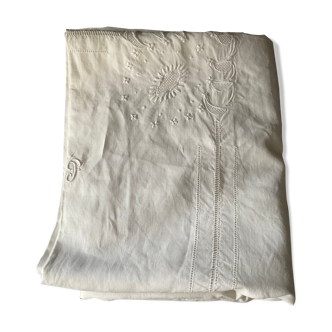 Linen tablecloth .embroidered .monogram T P . 296 cm x 170 cm