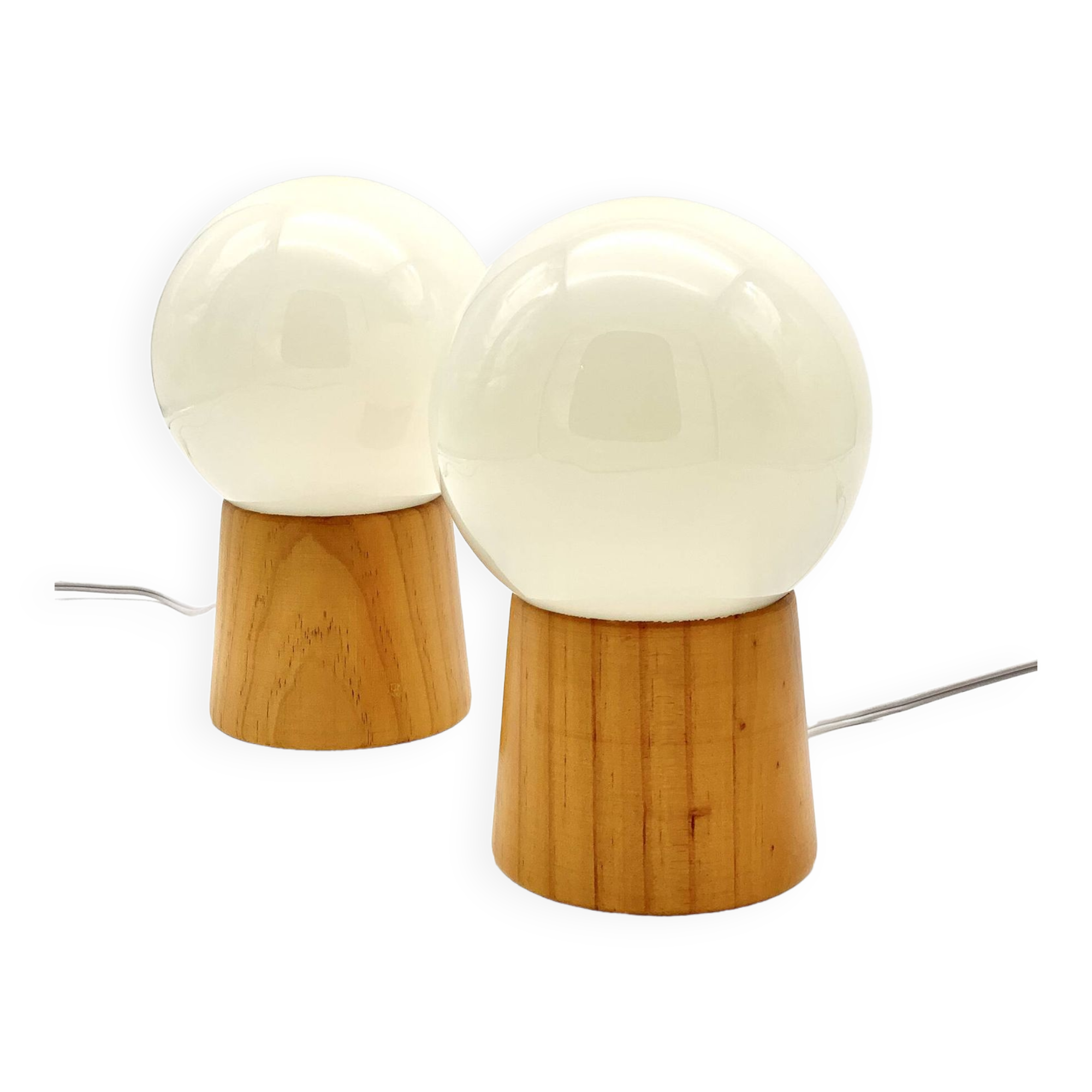 Pair of lamps with wooden base and glass globe, 1970s