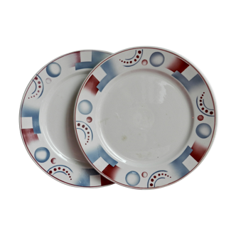 Digoin Sarreguemines, set of 2 dessert plates model Cyrnos geometric design red and blue