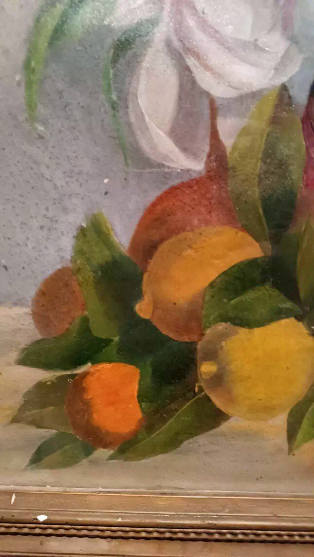 Tableau De La Fin Du 19ème Siècle, Signé, Fleurs, Citrons, Oranges. 67x43