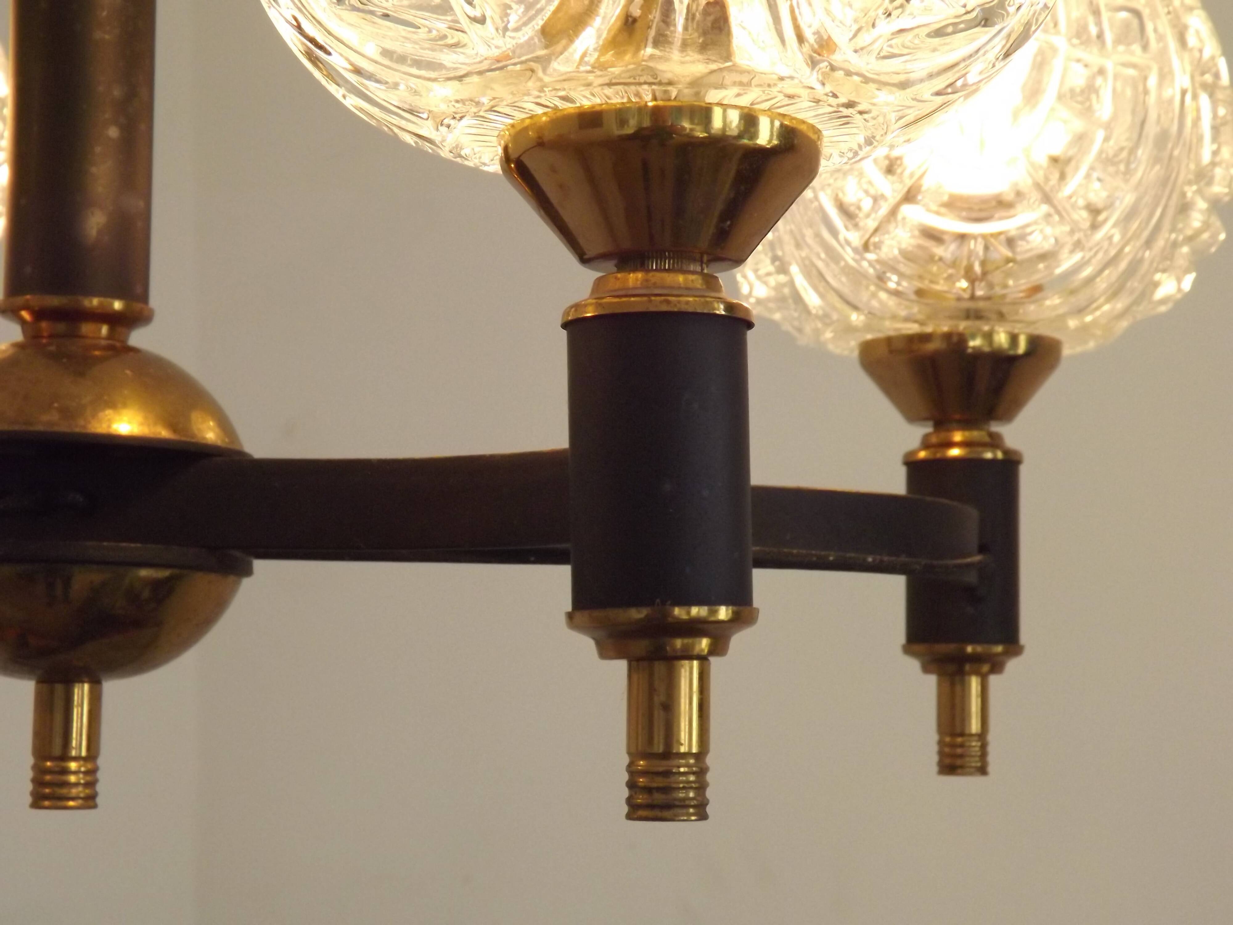 French Vintage Retro Mid Century Black & Gold 4 Arm Chandelier with Glass Shades 5015