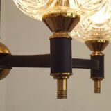 French Vintage Retro Mid Century Black & Gold 4 Arm Chandelier with Glass Shades 5015