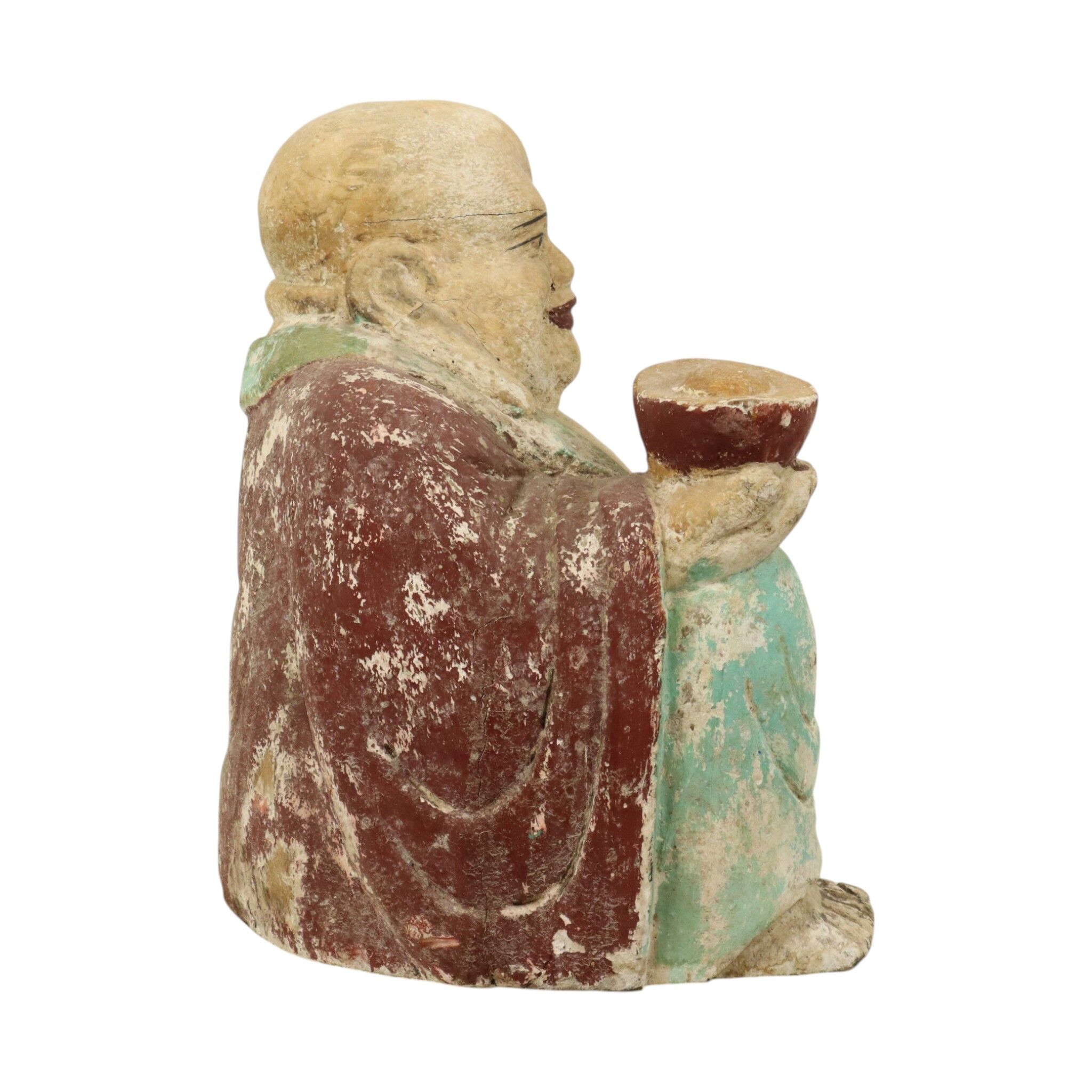 Large XL Polychrome Wooden Laughing Buddha Statue 47 cm
