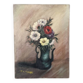 Old oil painting on canvas, old still life, bouquet of flowers