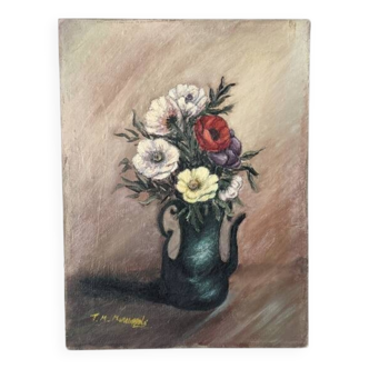 Old oil painting on canvas, old still life, bouquet of flowers