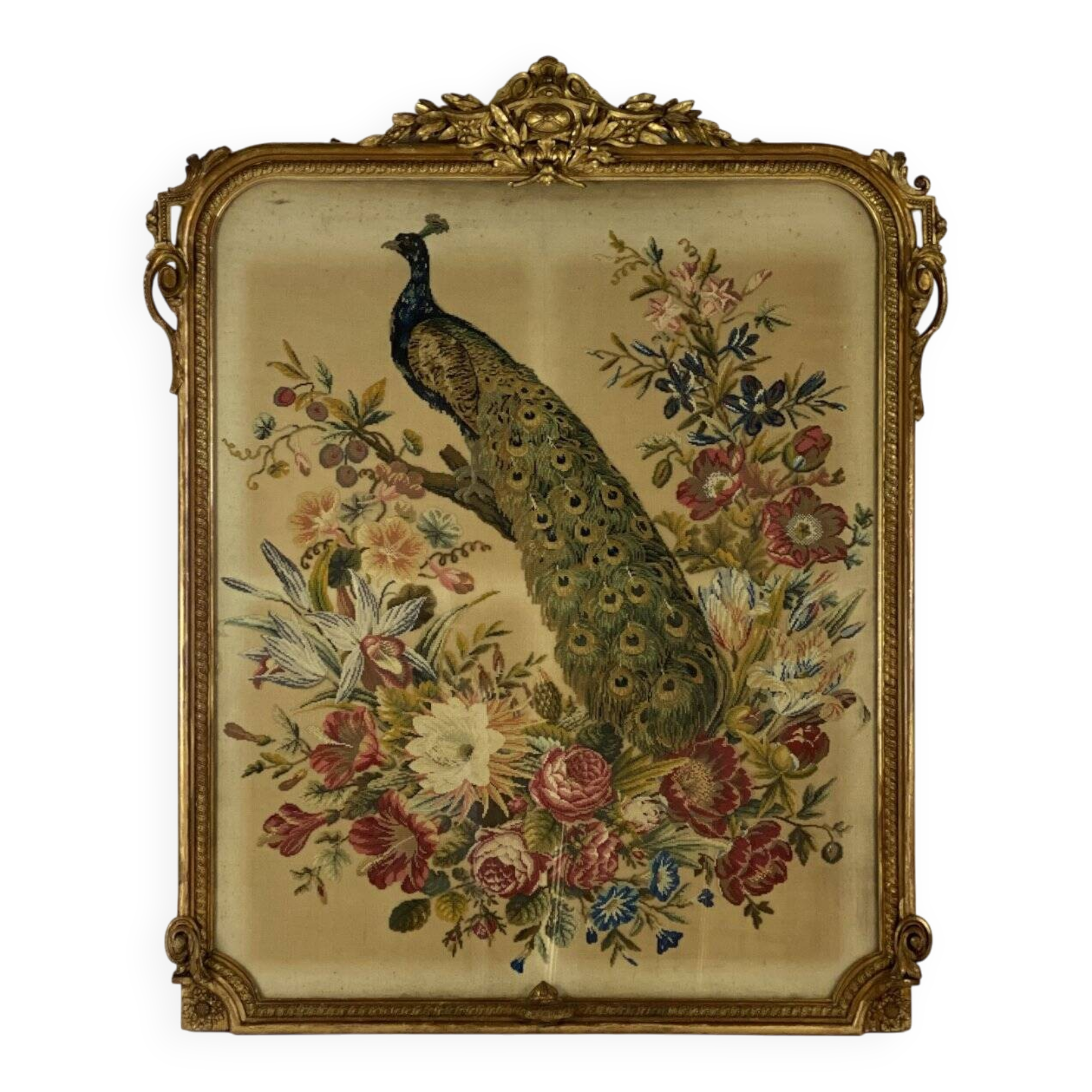 Cross-stitch tapestry in a Louis XVI style frame from around 1900.