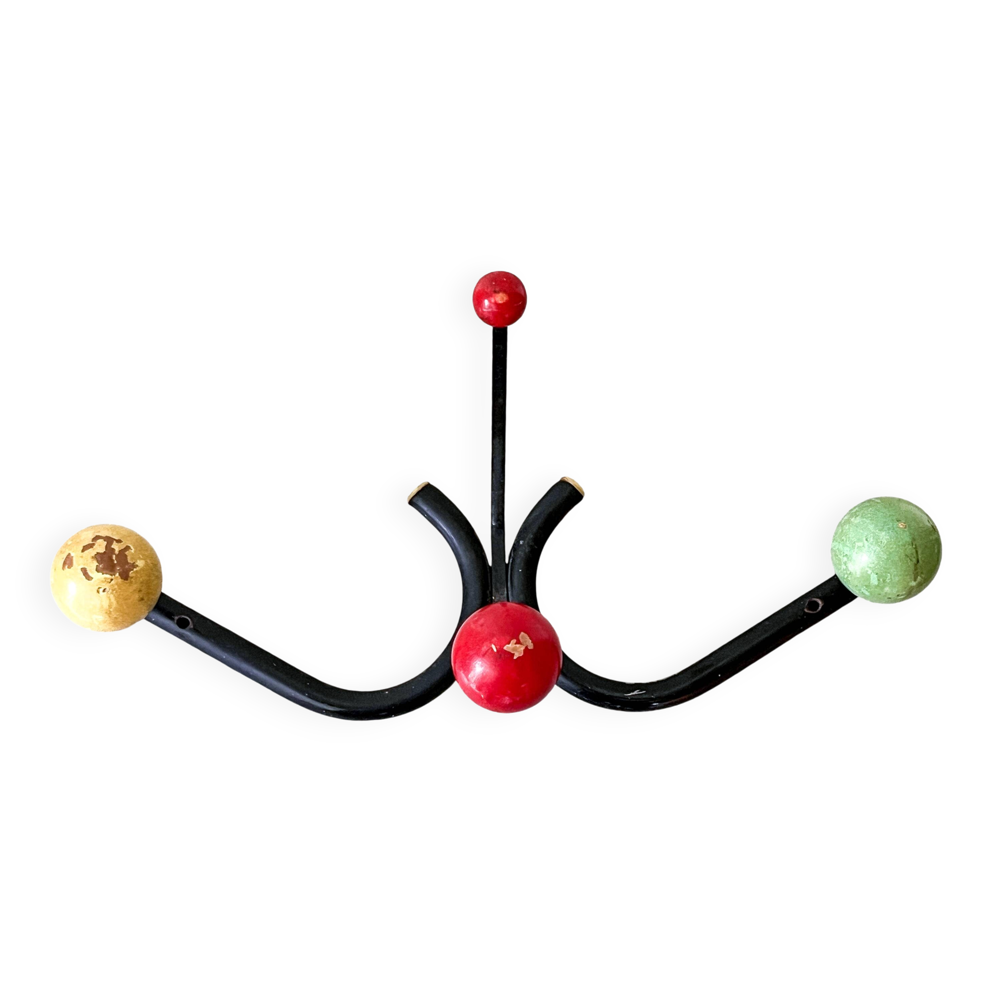 Vintage metal and wood coat rack in yellow/red/green.