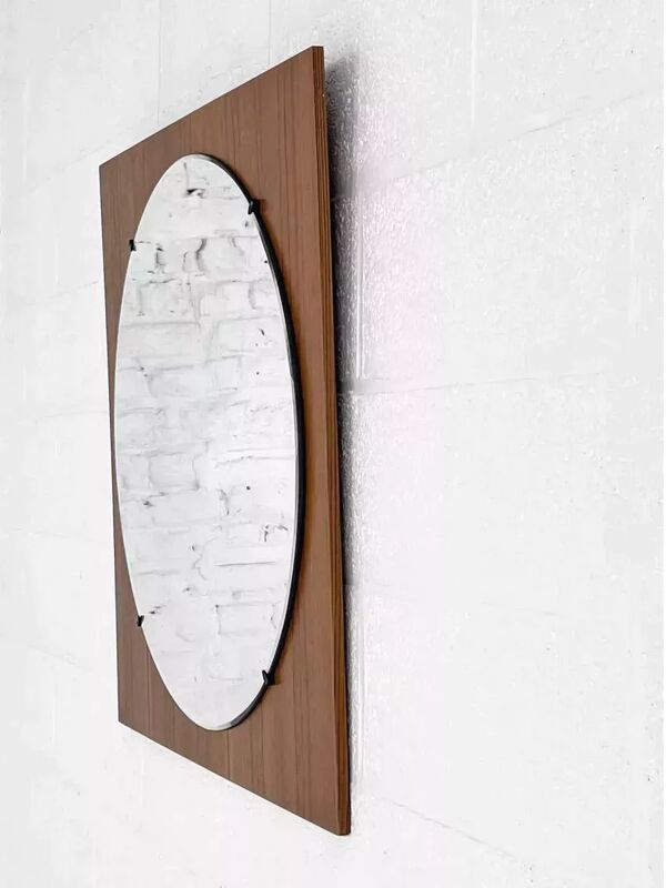 Miroir rond des années 60 - 70 sur cadre carré en bois