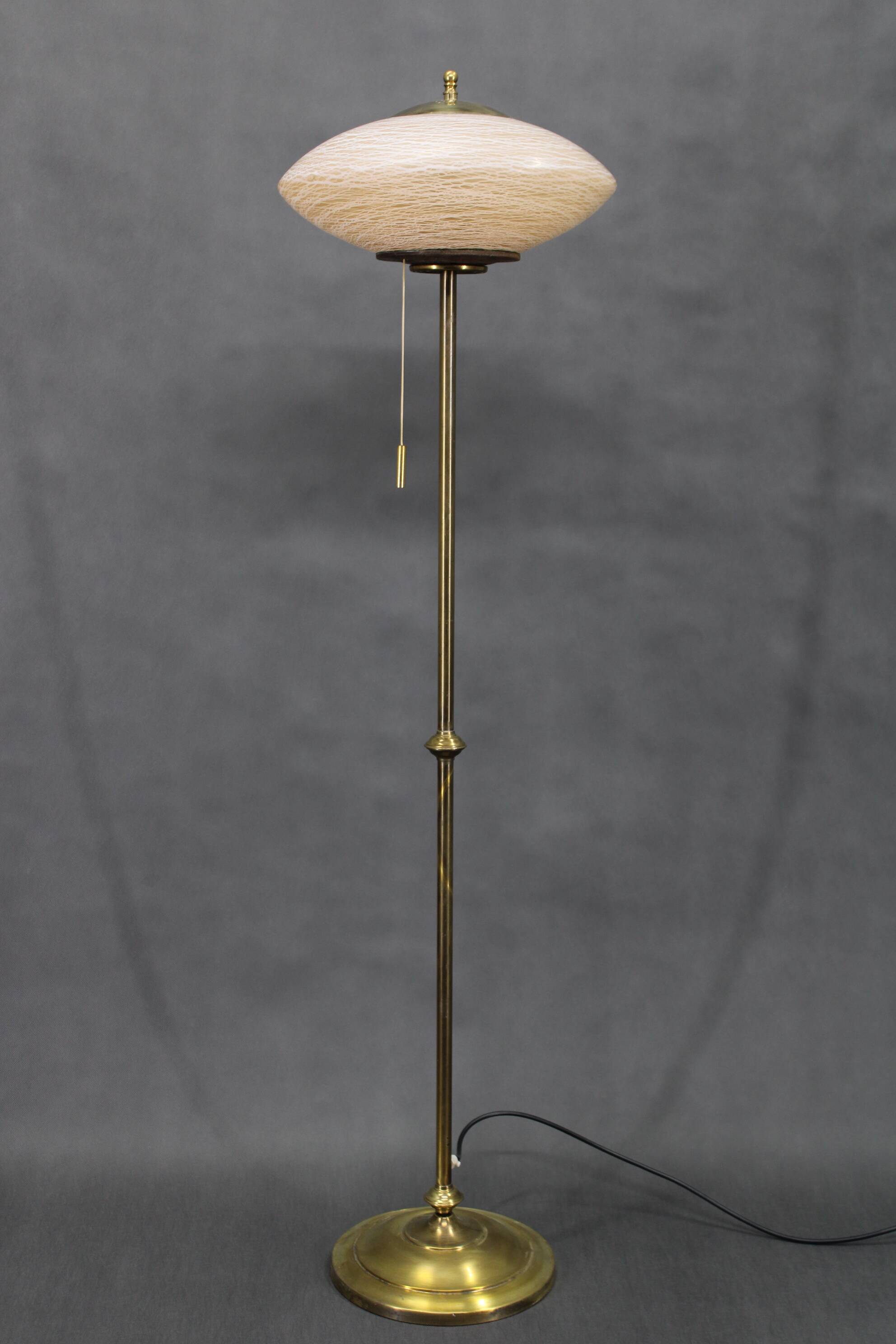 1940s Restored Brass Floor Lamp with  Glass Shade