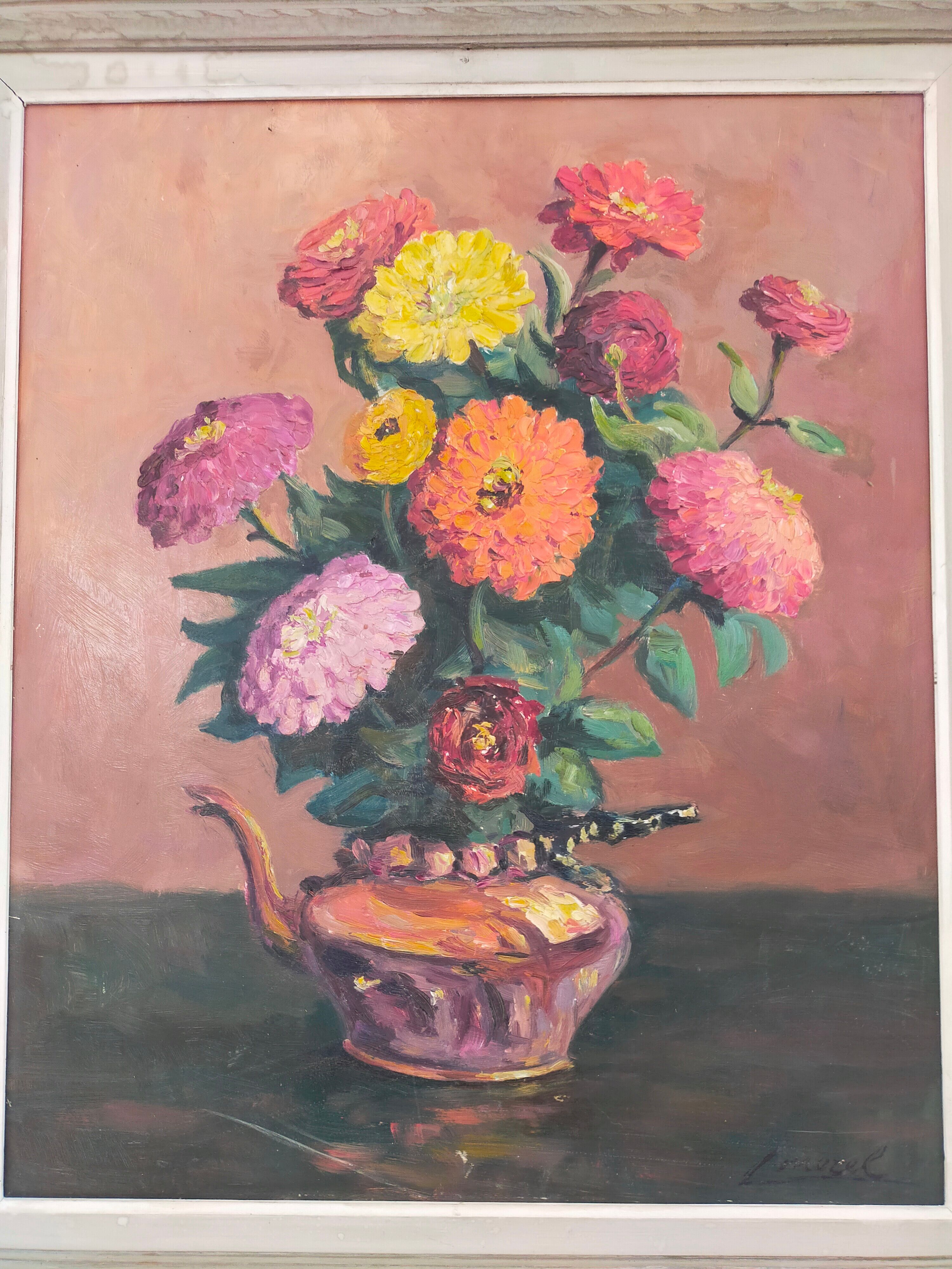 Still Life with Flowers Oil painting on panel signed Louis Morel