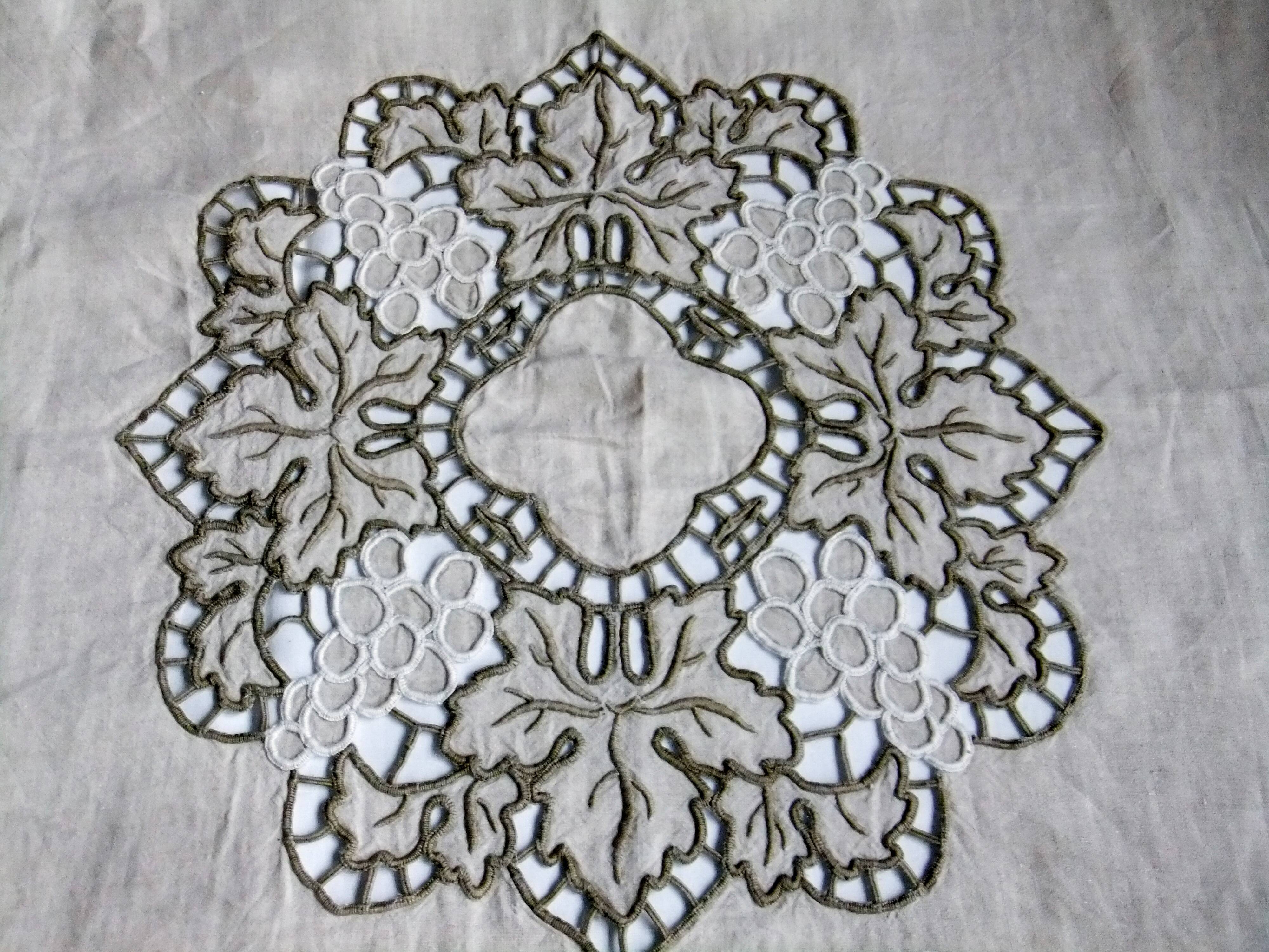 Antique linen tablecloth embroidery Richelieu scalloped linen centerpiece 128 cm