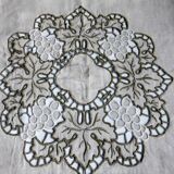 Antique linen tablecloth embroidery Richelieu scalloped linen centerpiece 128 cm