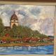 Original Swedish Oil on Panel – “Red Cottages near the Lake” by Unknown Artist 1948 – Vintage & Framed – 63 × 57 cm (24.8" × 22.4")