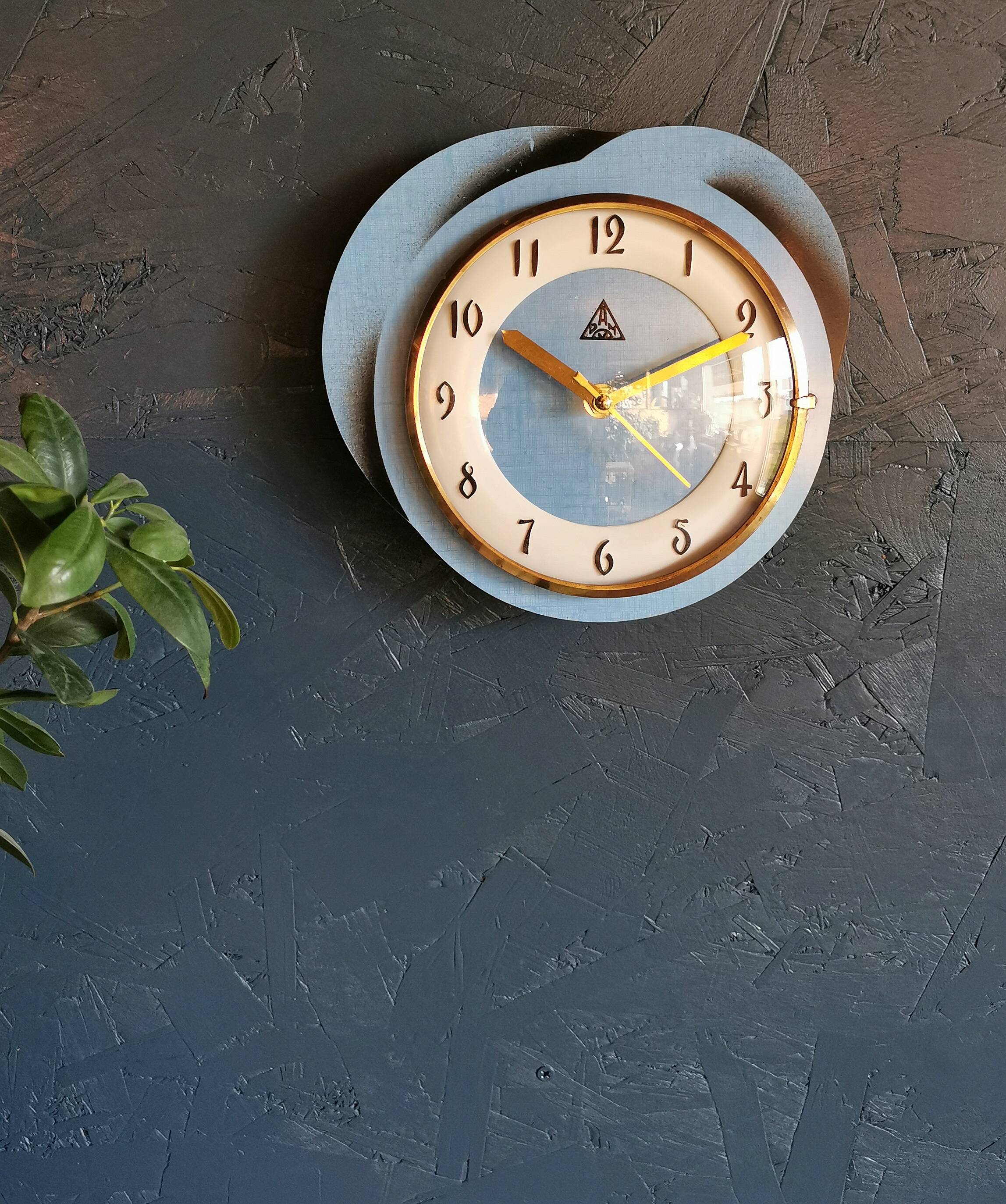 Silent vintage formica wall pendulum clock "Dam blue black"