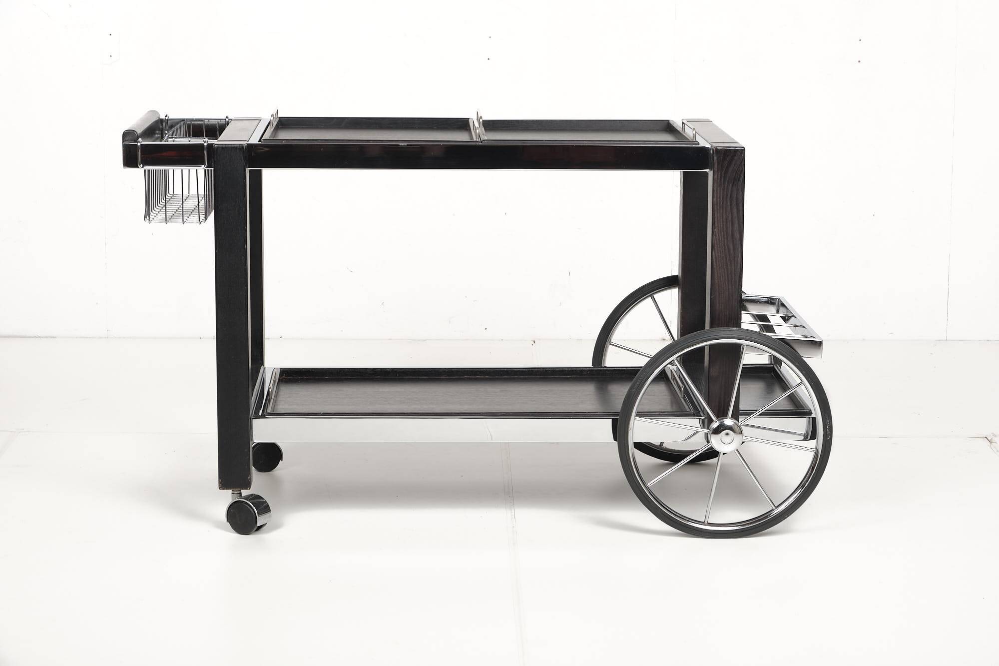 Tea trolley, black ash, chrome, vintage, modular, ca 1980