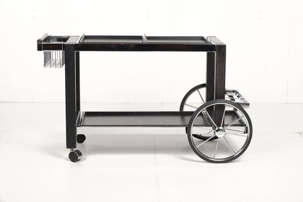 Chariot à thé, frêne noir, chrome, vintage, modulaire, ca 1980