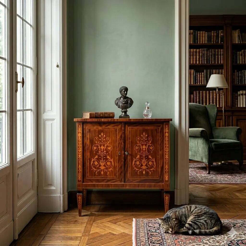 Antique neoclassical buffet veneered in various woods from the 1900s.