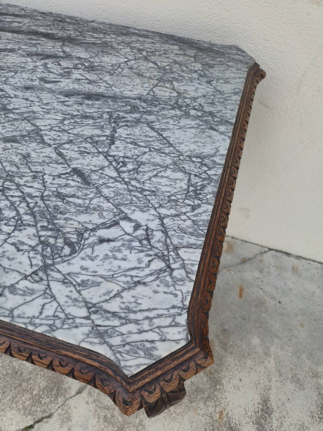 Louis XV style game table in solid oak and richly decorated marble