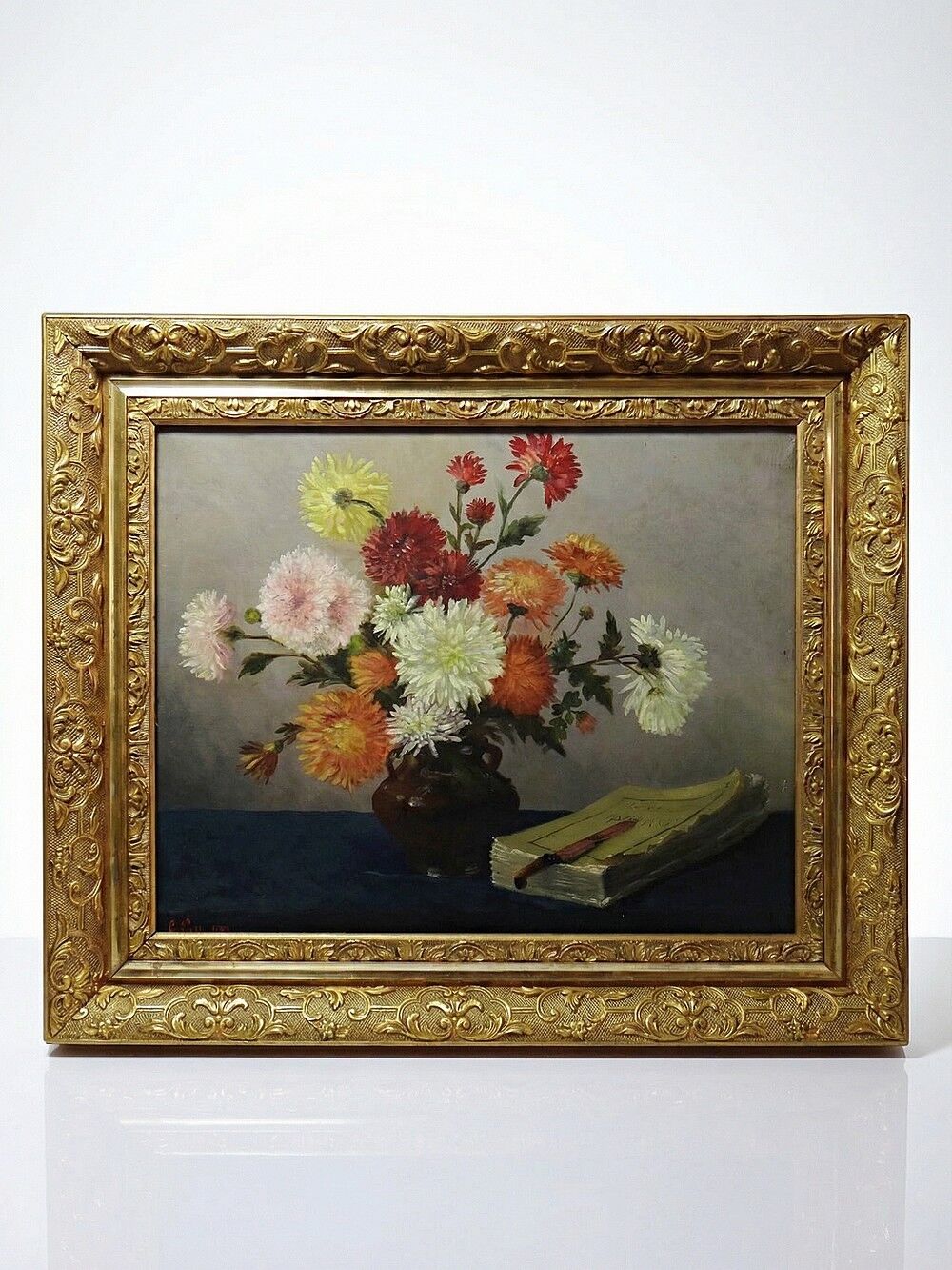 Oil painting on canvas, still life with chrysanthemums, signed L.Porte 1888.