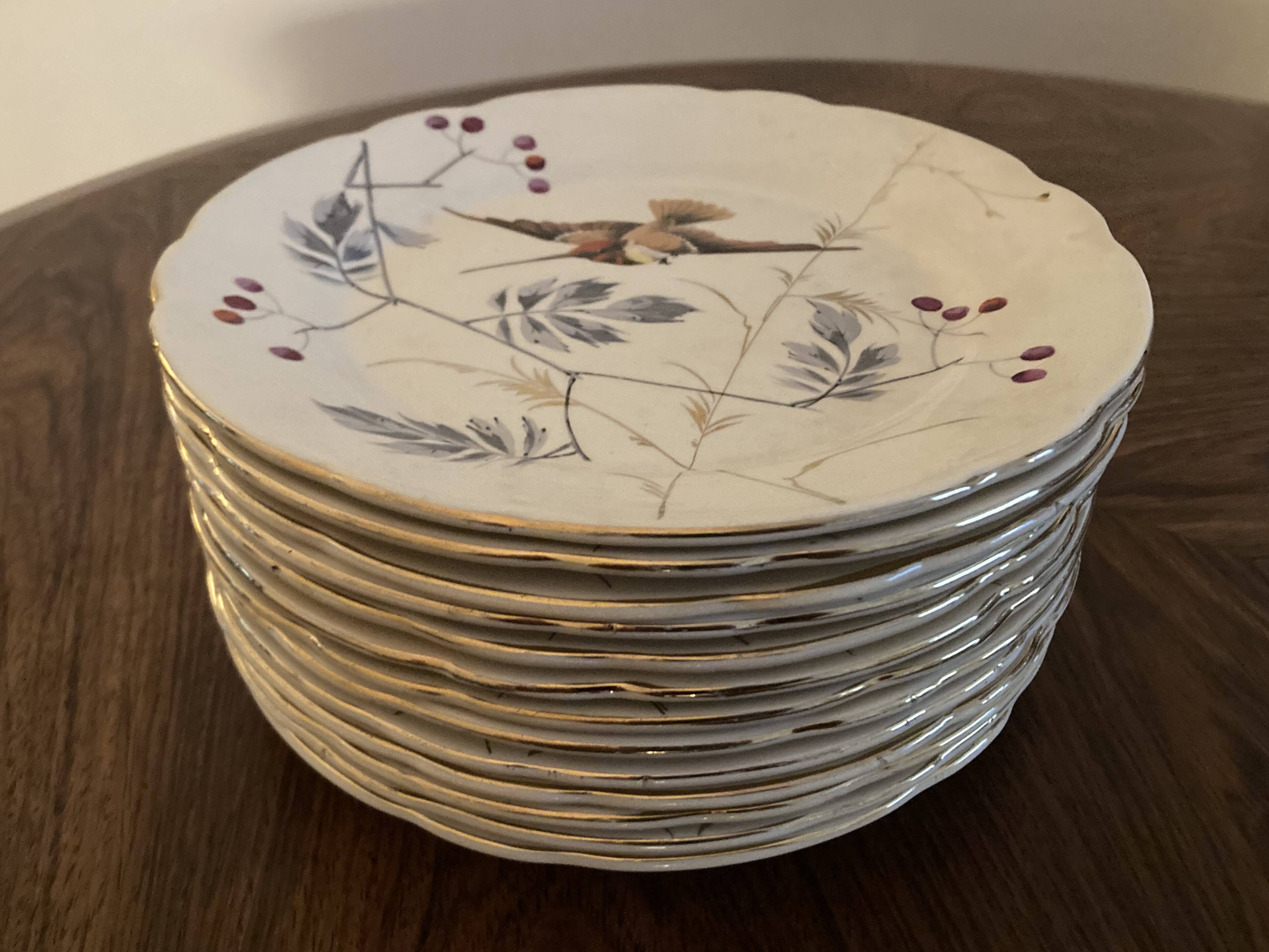 13 decorative plates with hummingbird design in fine earthenware by Mouzin Lecat, 19th century.