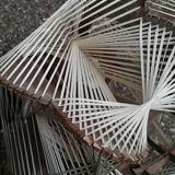 Pair of vintage wooden and rattan straw pendant lights.