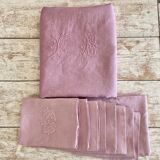 Monogrammed damask tablecloth FB dyed pink - 280x200cm - Métis