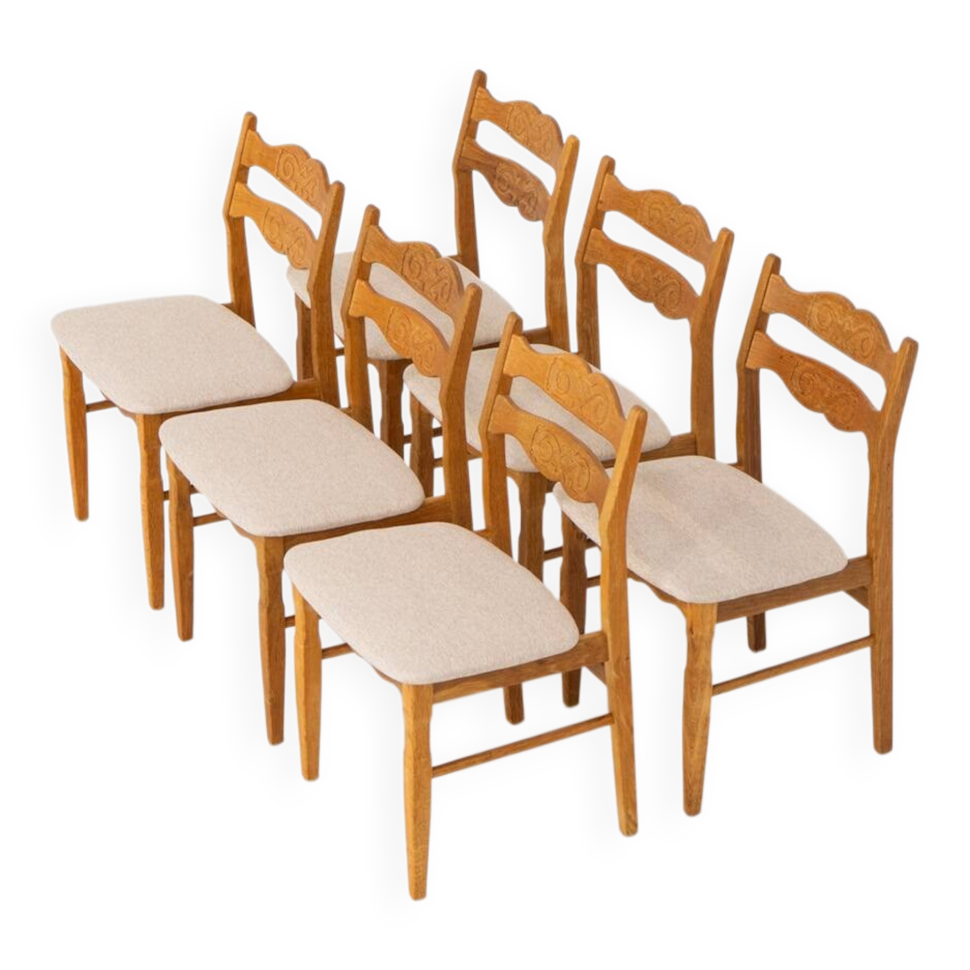 Set of 6 brutalist chairs in oak by Henning Kjaernulf
