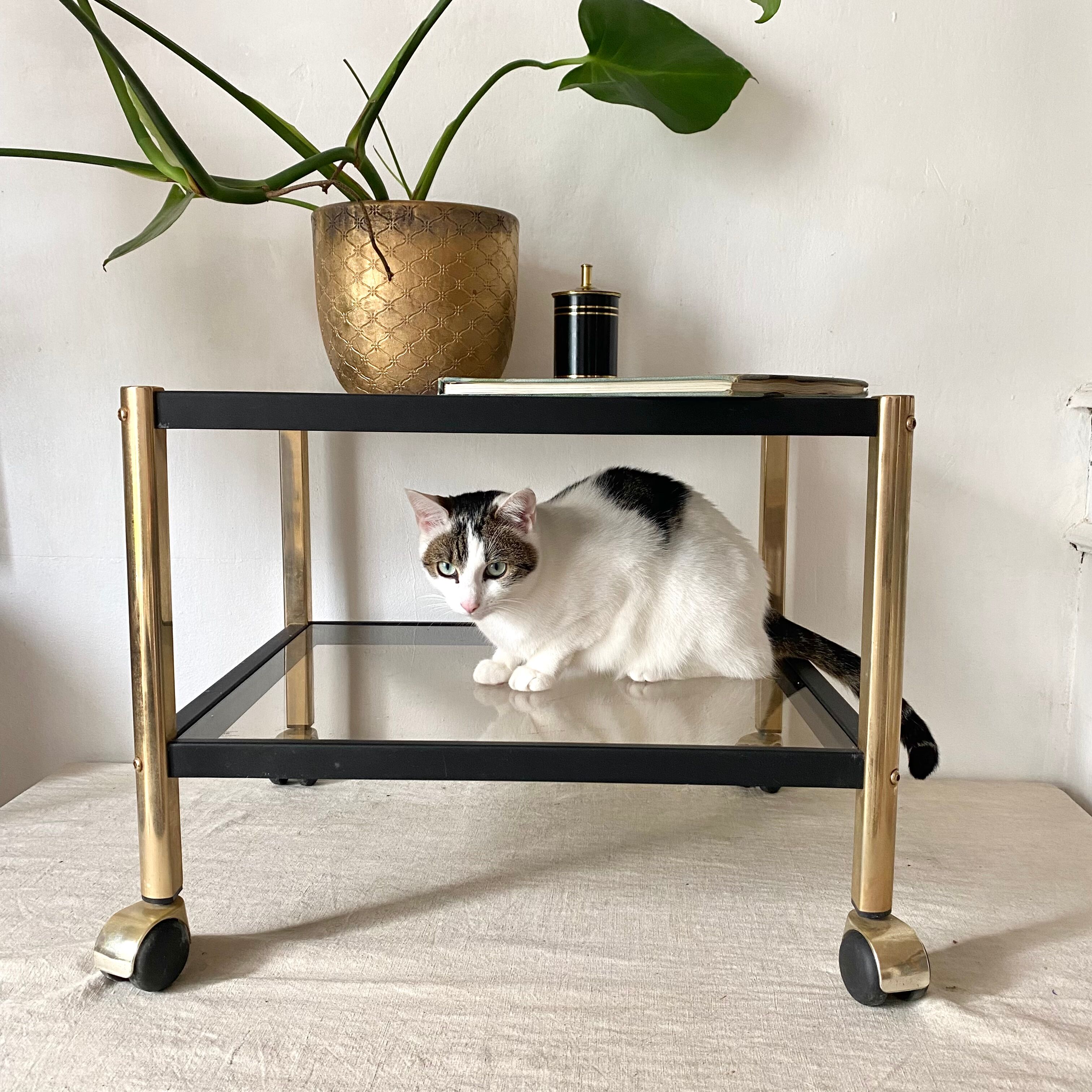 Serving with vintage wheels in metal and smoked glass