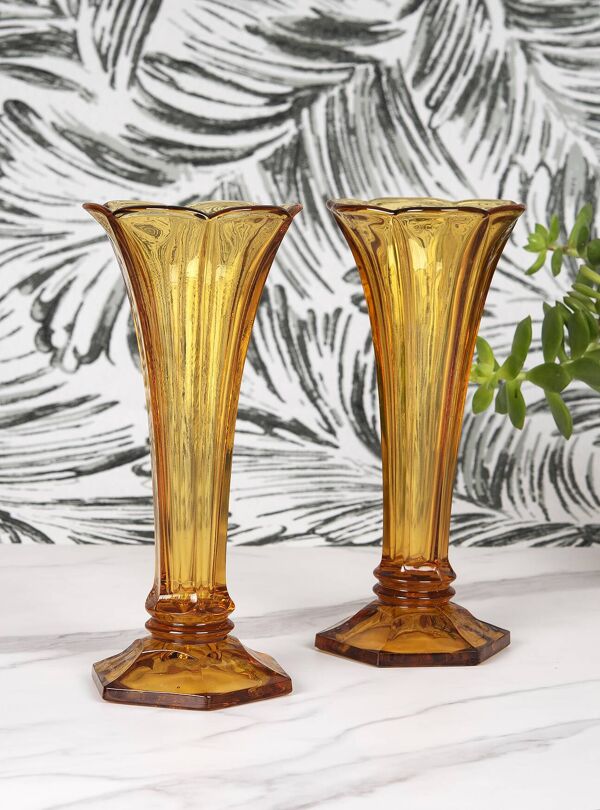 Vases de tulipe en verre ambré belge Art déco Val Saint Lambert, lot de 2.