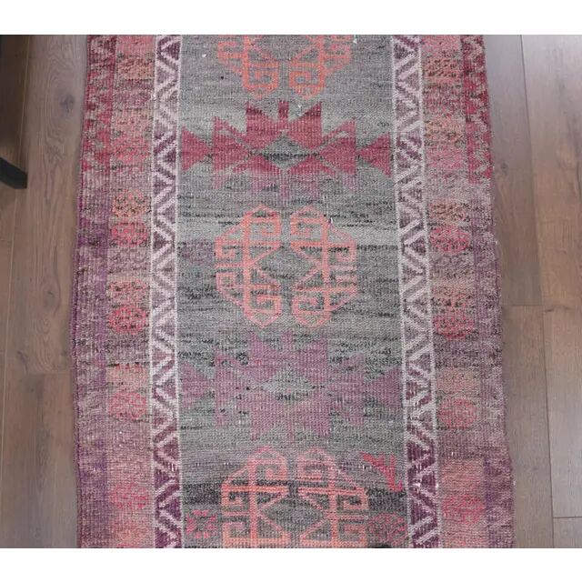 1970s vintage Turkish hand-knotted wool cotton red runner rug 91x354