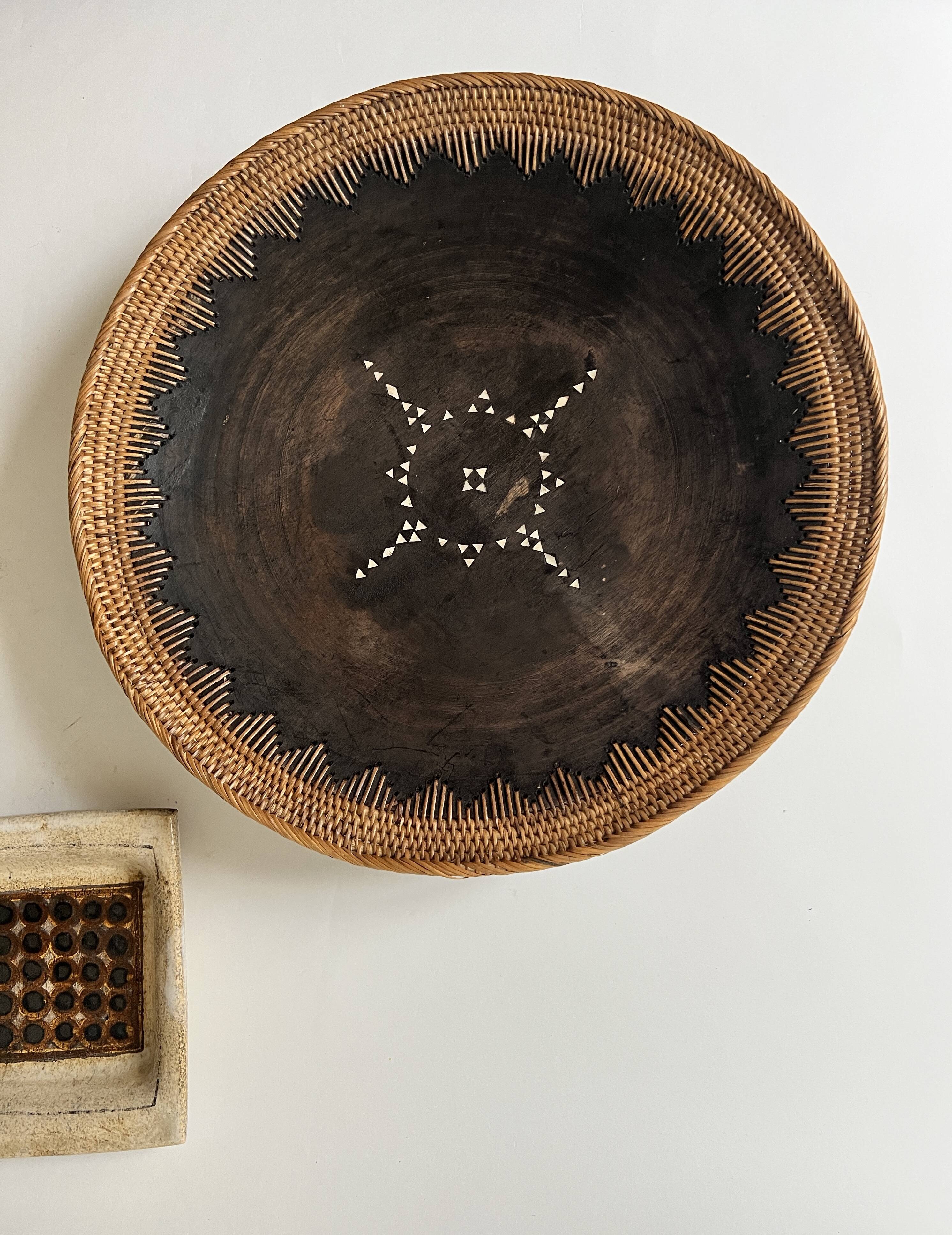 Large basket/trinket tray in blackened wood, wickerwork & mother-of-pearl