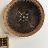 Large basket/trinket tray in blackened wood, wickerwork & mother-of-pearl