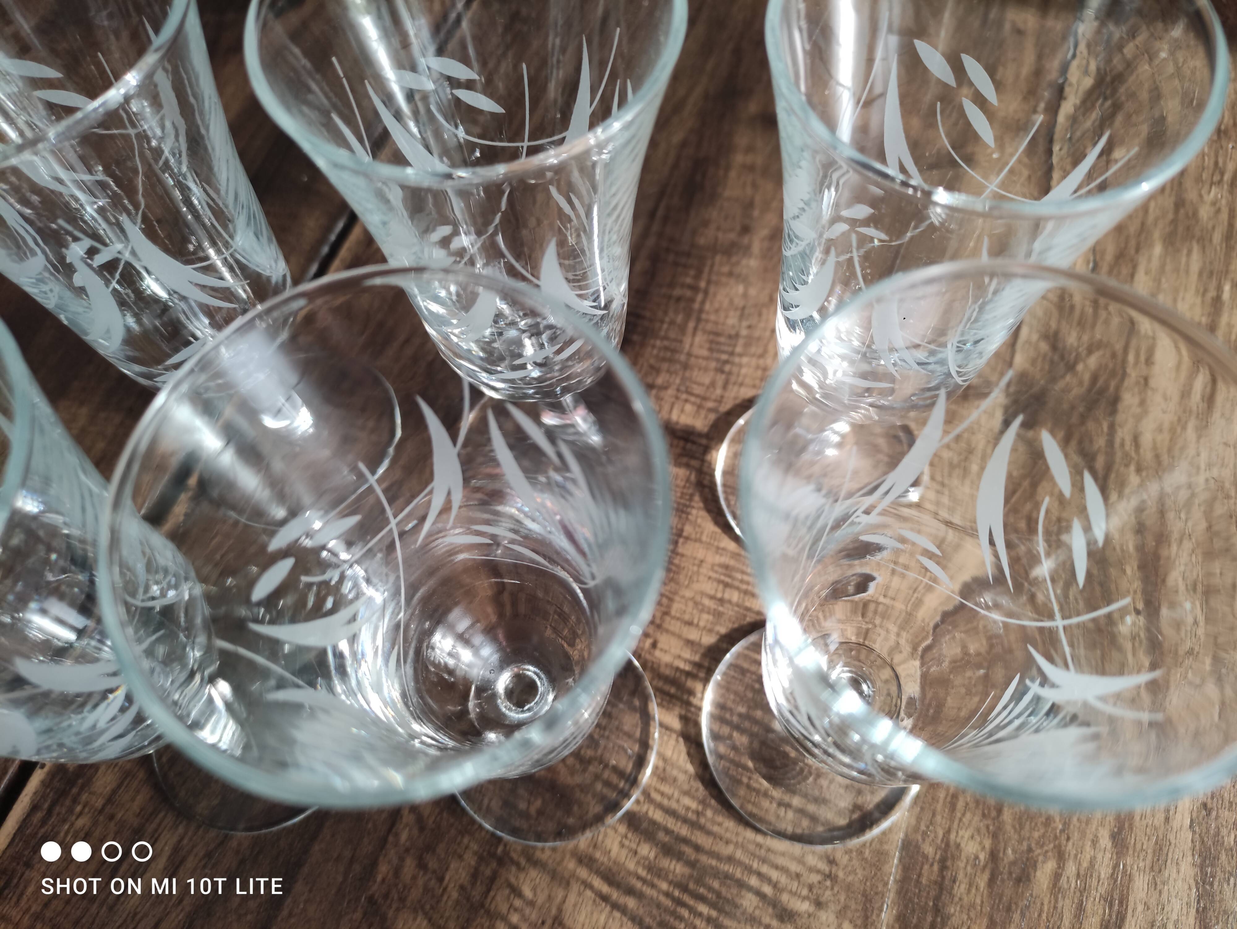 Lot de 6 flûtes à champagne vintage en verre gravé feuillage opaque