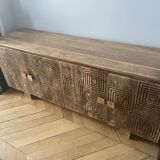 Sideboard wood Mango tree 177x45cm 4 doors 2 shelves black patterns Goa