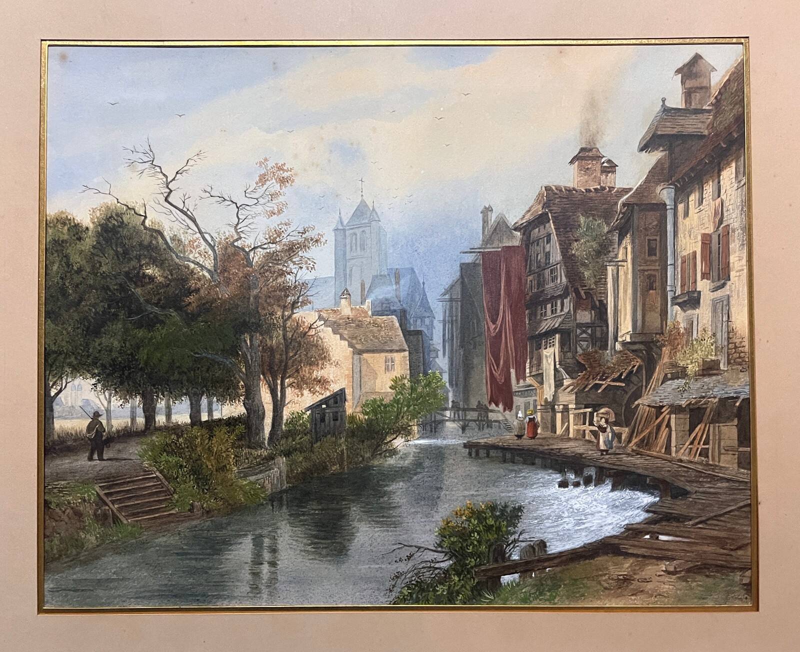 Large Watercolour Table XIX Century Tanneries District (Rouen?)