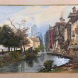 Large Watercolour Table XIX Century Tanneries District (Rouen?)
