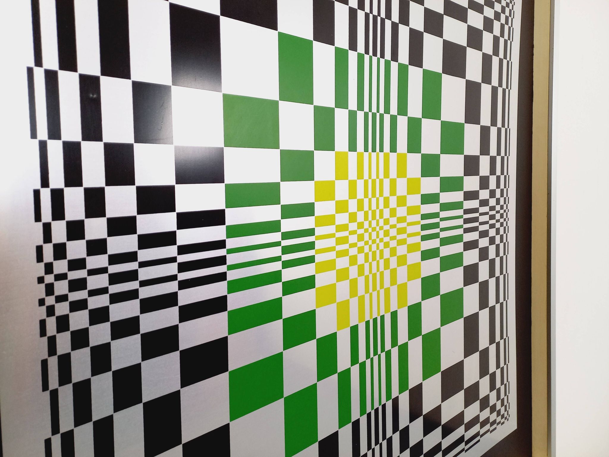 Typical silkscreen painting in kinetic checkerboard on aluminum, Italian abstract design in Vasarely style