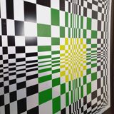 Typical silkscreen painting in kinetic checkerboard on aluminum, Italian abstract design in Vasarely style