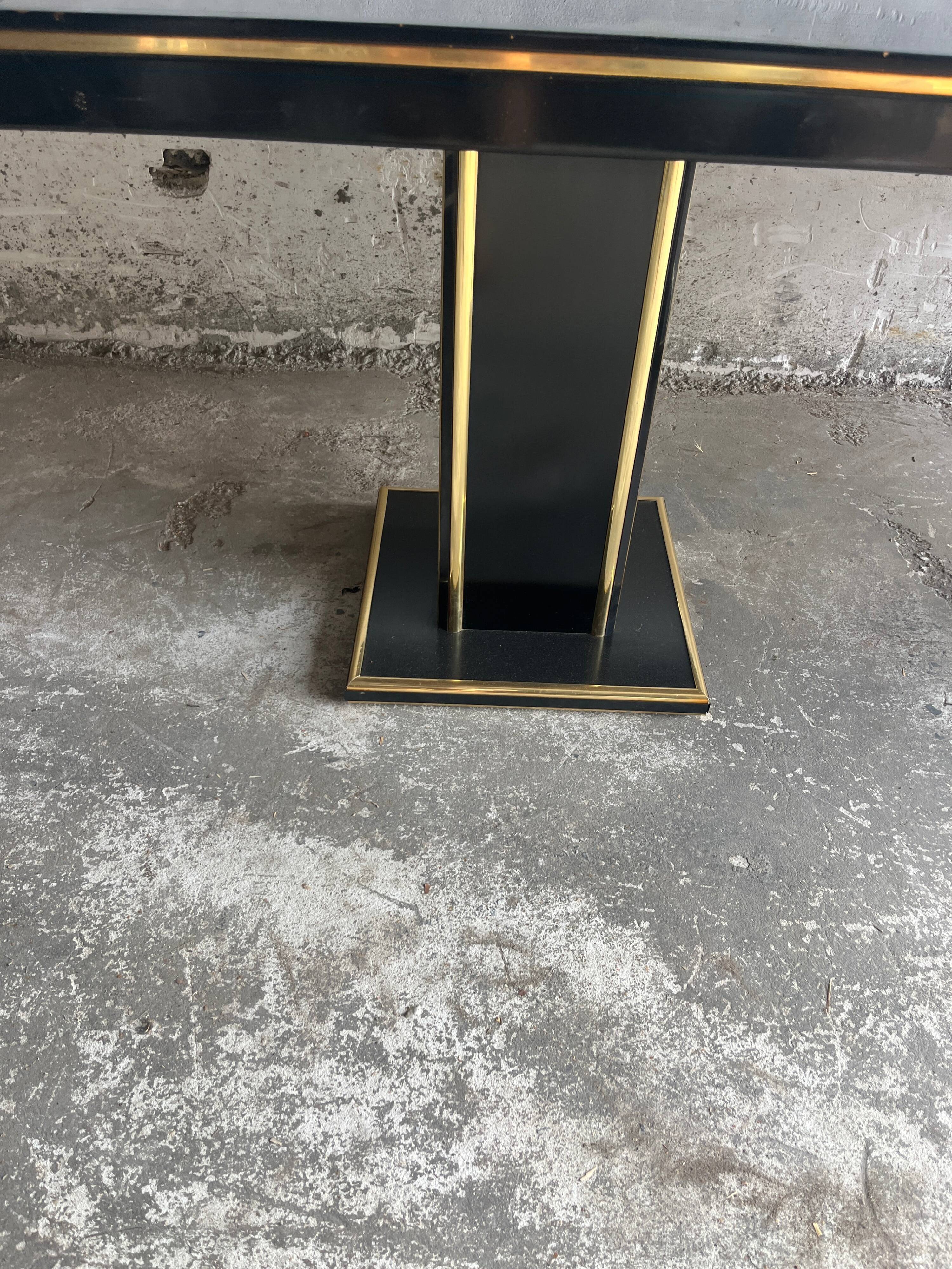 Black Lacquer and Brass Dining Table with Glass Top — Lacquered Wood, 1970s Double Pedestal