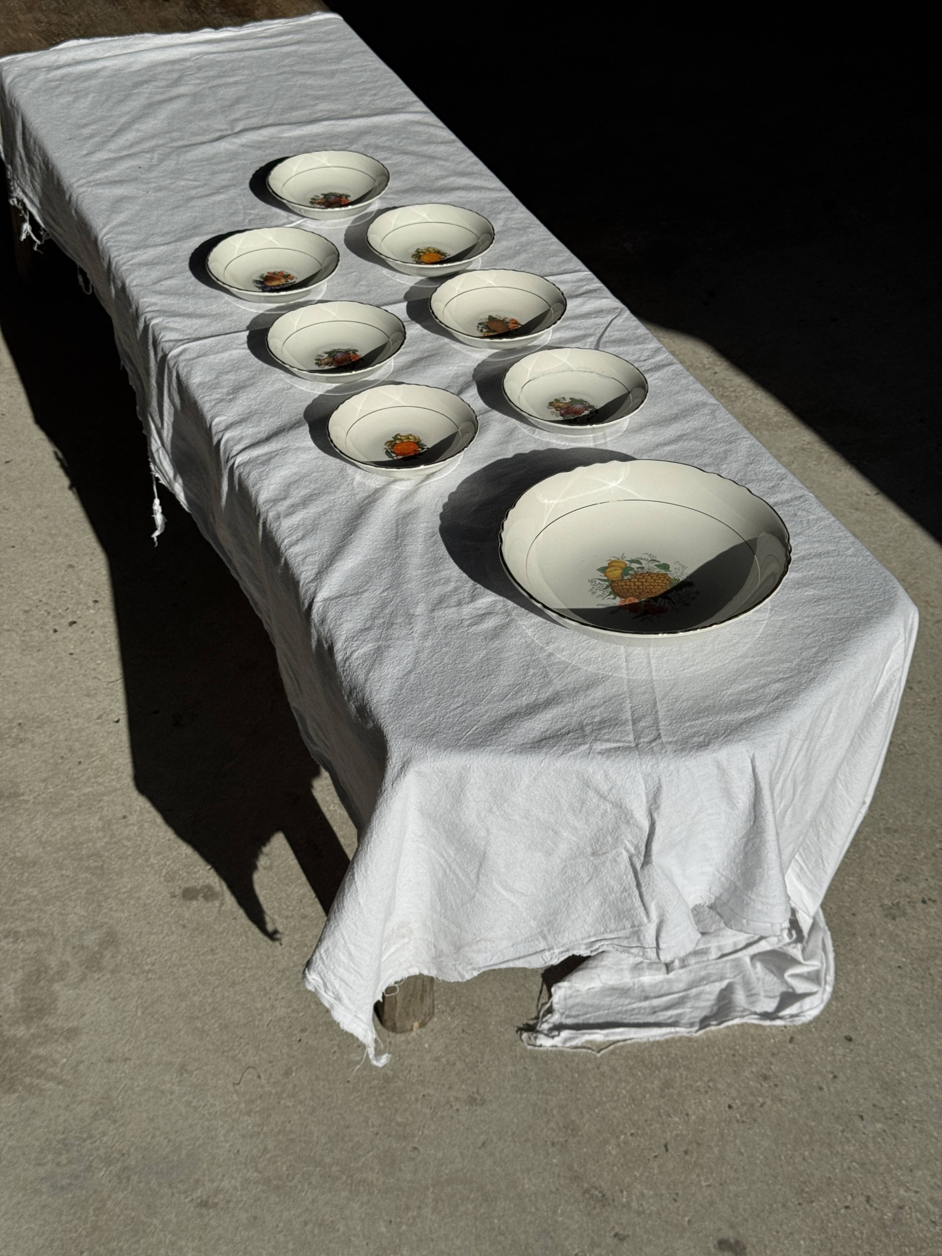 Vintage fruit salad service consisting of a bowl and 7 small dishes.