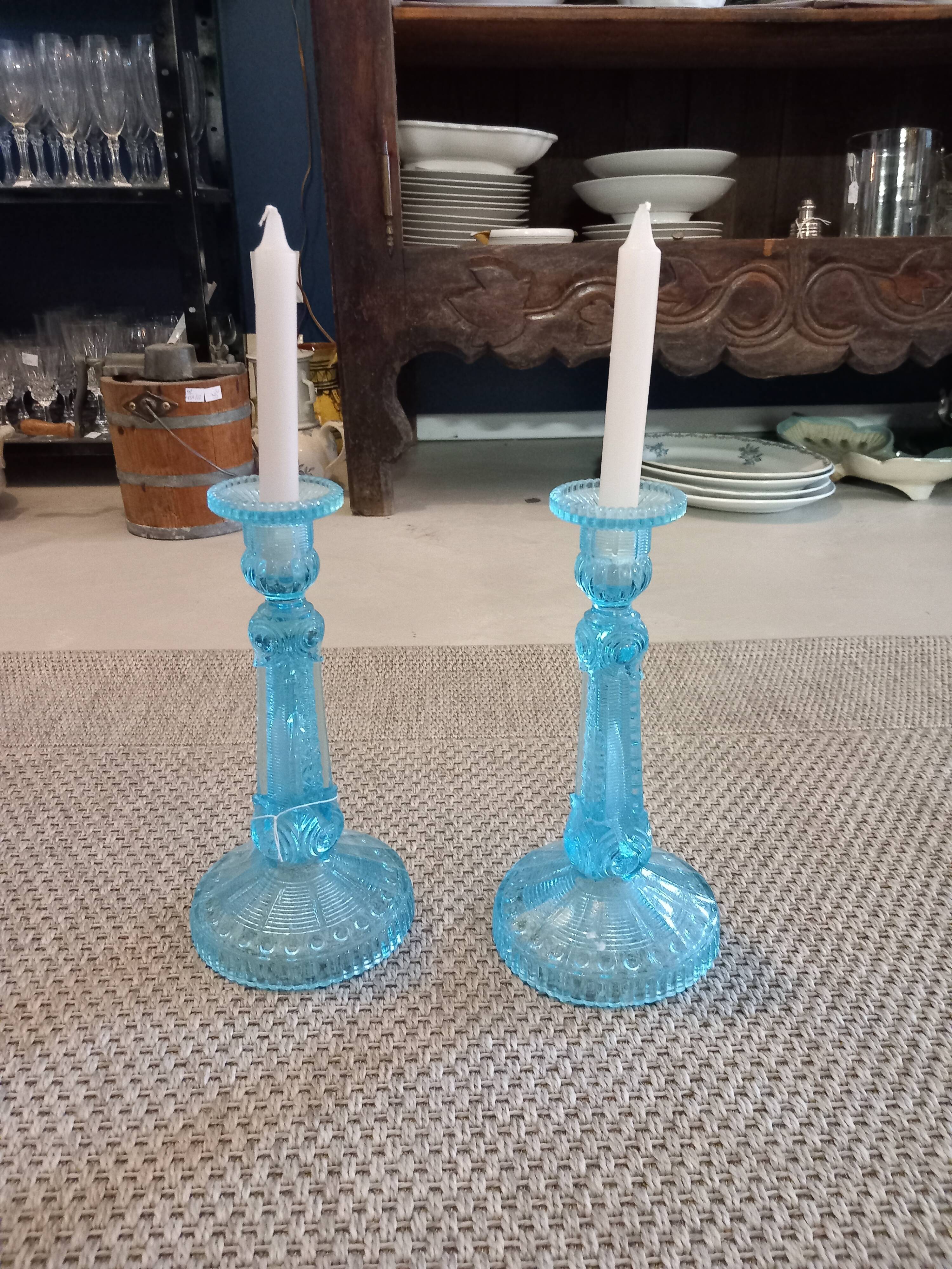Pair blue glass candle holders.type Art Deco