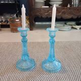 Pair blue glass candle holders.type Art Deco