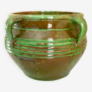 Grand pot à fleurs ancien, terre cuite vernissée verte, 4 anses, signée poterie d'Albi